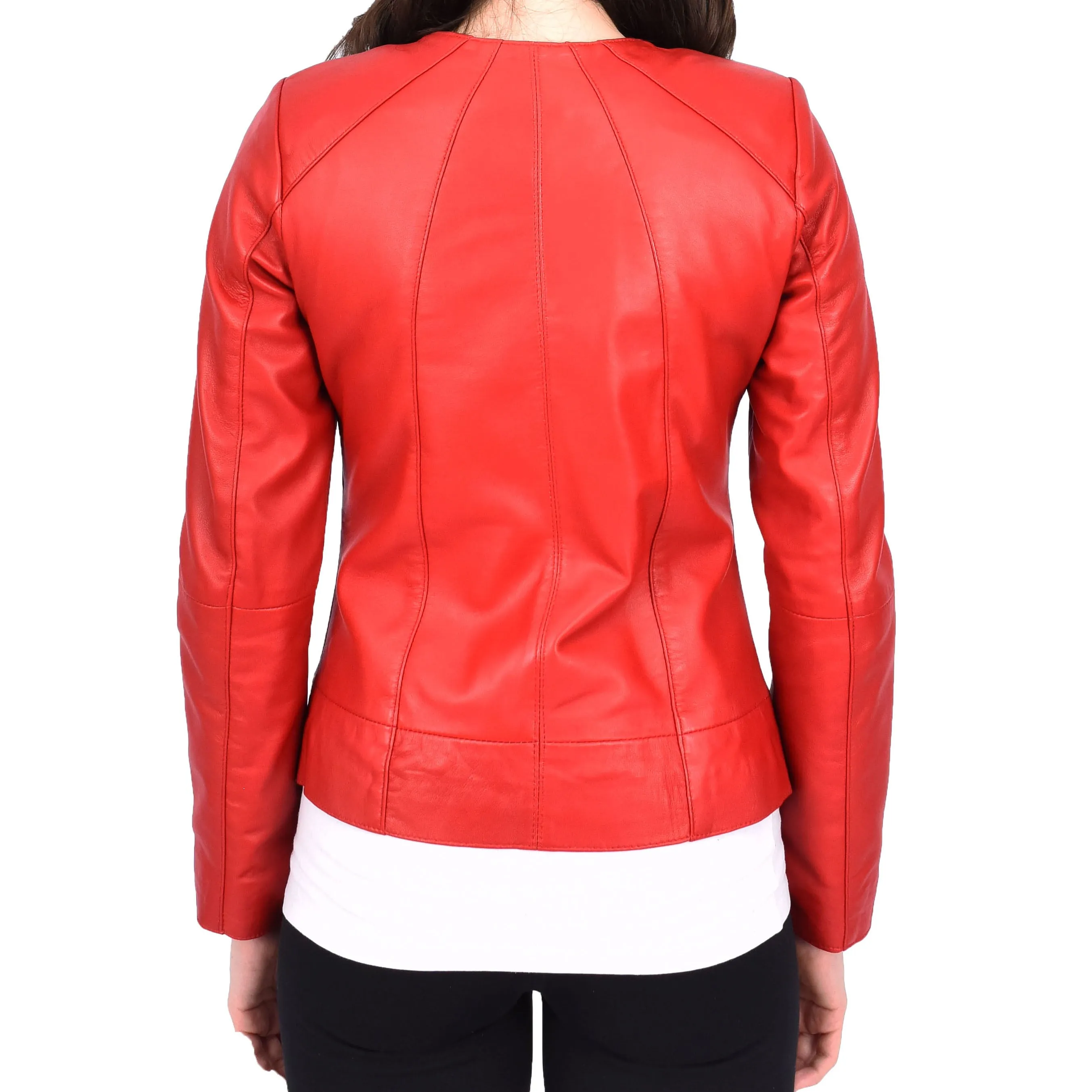 Womens Real Red Leather Jacket Collarless Round Neckline Casual Fitted Zip Fasten Biker Style Melody