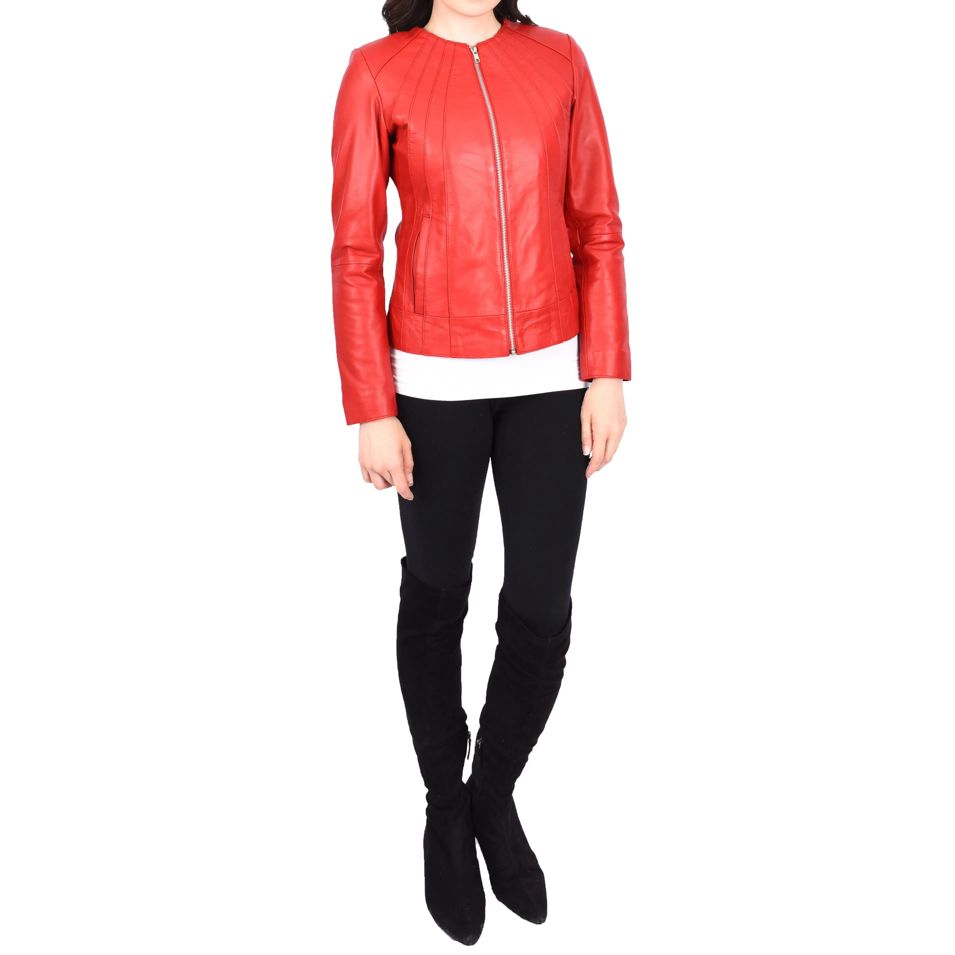 Womens Real Red Leather Jacket Collarless Round Neckline Casual Fitted Zip Fasten Biker Style Melody