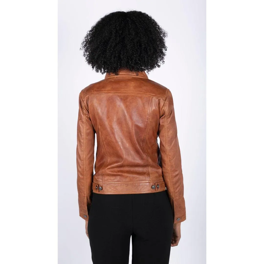 Womens Vintage Retro Jeans Jacket Style Real Leather Short Biker Grease 1980s Classic