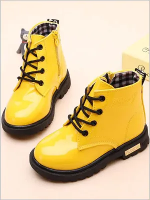 Yellow Patent Synthetic Leather Boots By Liv and Mia